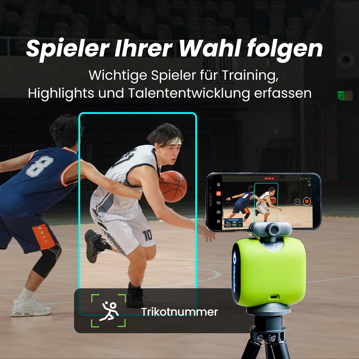 XbotGo Chameleon KI Team Sports Action Cam 4K 60FPS - Automatisch Verfolgen Fußball und Basketball, Freihändige Action Kamera für Sport, Live-Streaming, Kein Abonnement, mit iOS&Android (Lemon Green)