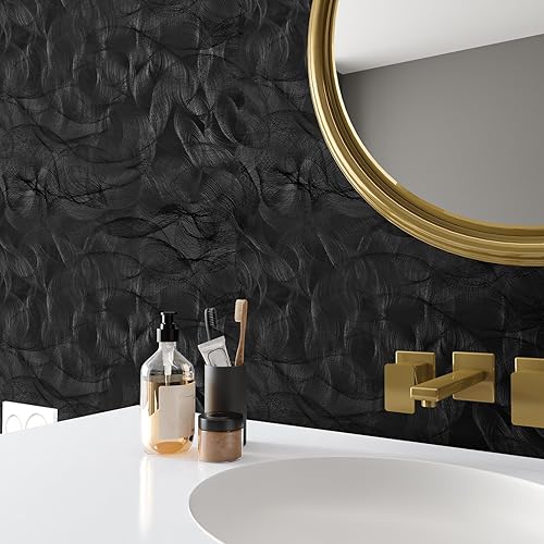 Miniatura 5 de VaryPaper Papel tapiz moderno con textura negra, para despegar y pegar, diseño geométrico en espiral, para dormitorio, baño, extraíble,