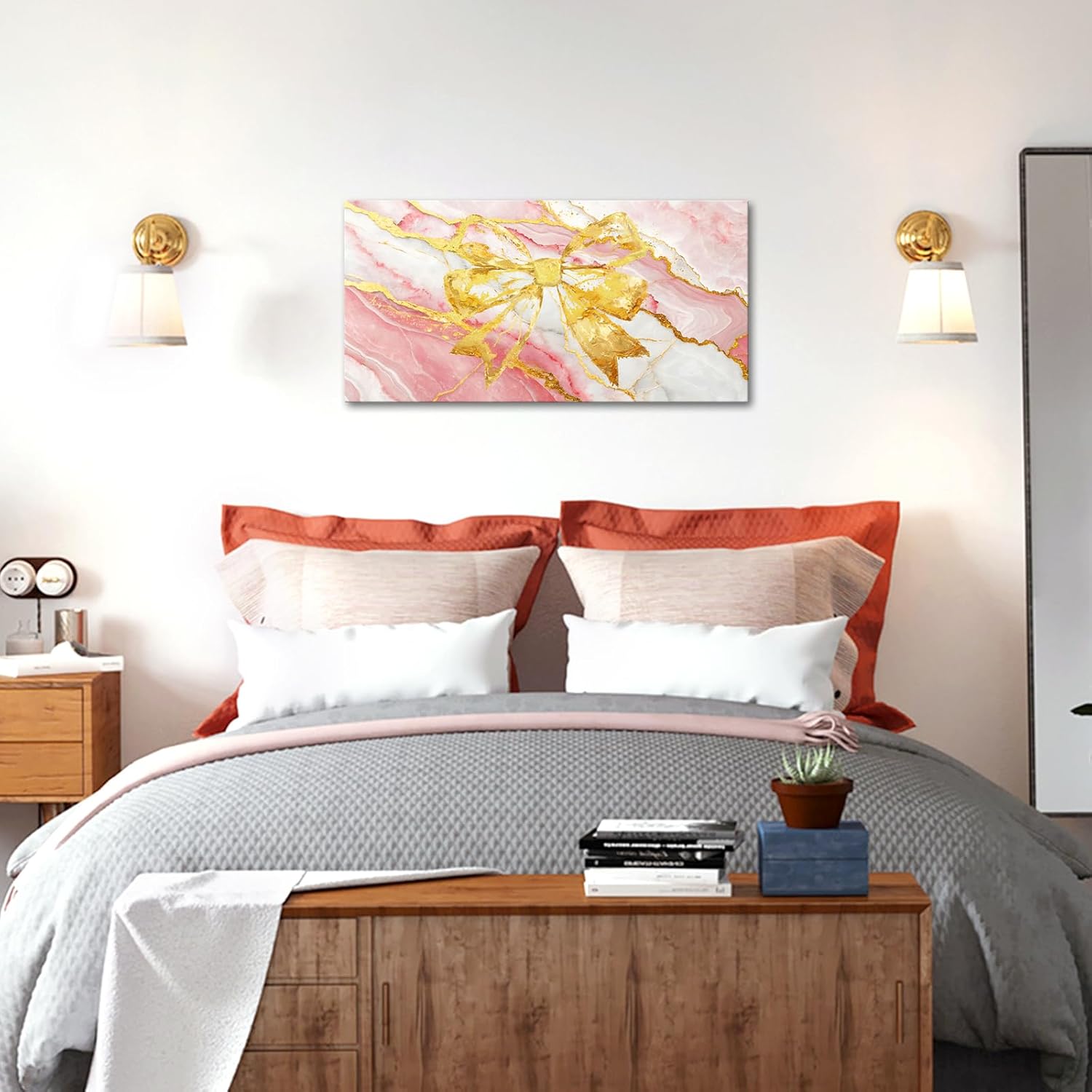iKNOW FOTO Pink Marble Wall Art 20x40 Inch Canvas Print with Gold Bow Abstract Glam Artwork Modern Elegant Decoration for Bedroom Living Room Bathroom Office Lounge Dressing Room Ready to Hang