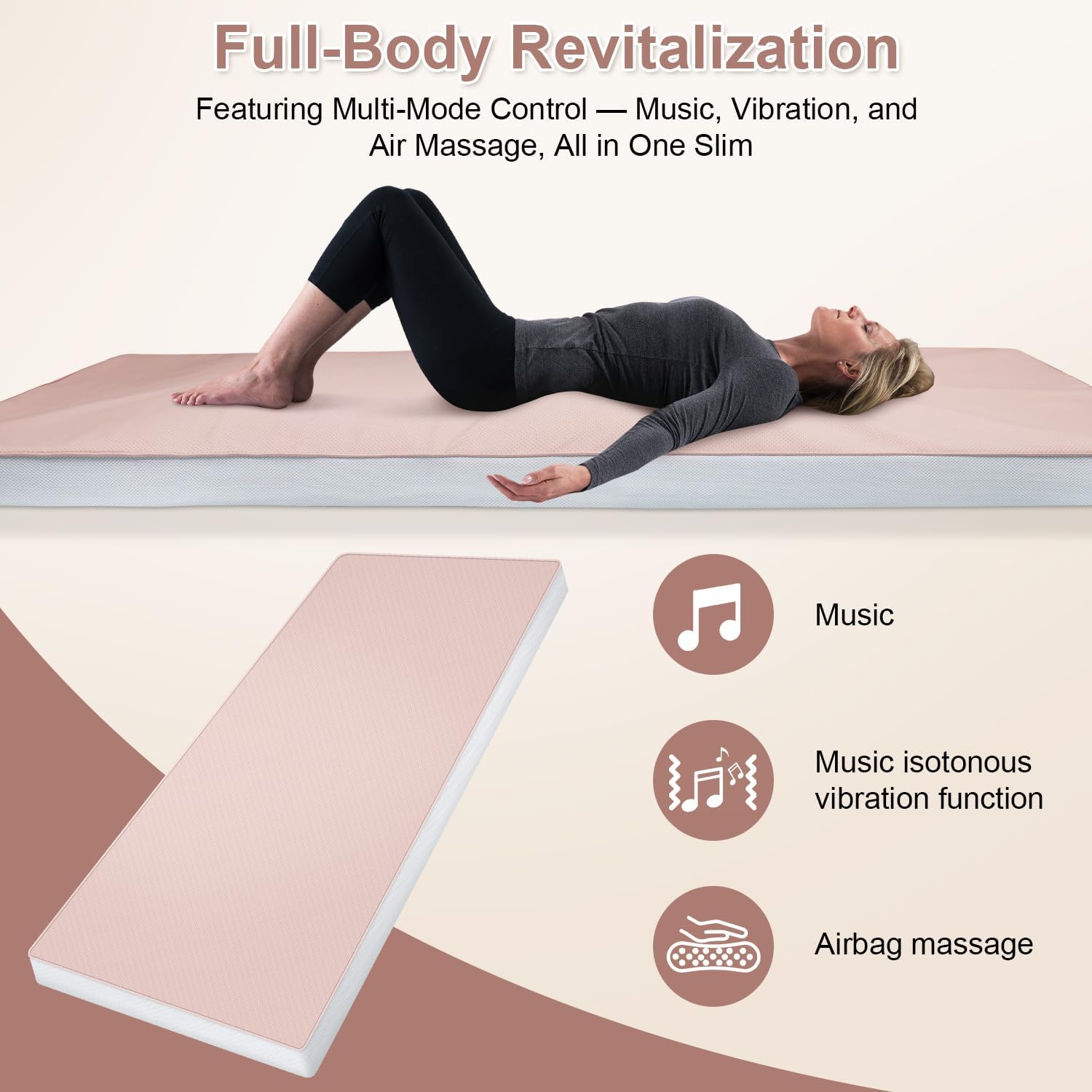 GENERAL ARMOR 3.8' Full Body Massage Mat with Music-Sync Vibration, Customizable Massage Modes for Back, Neck, Shoulders & Legs, Pink
