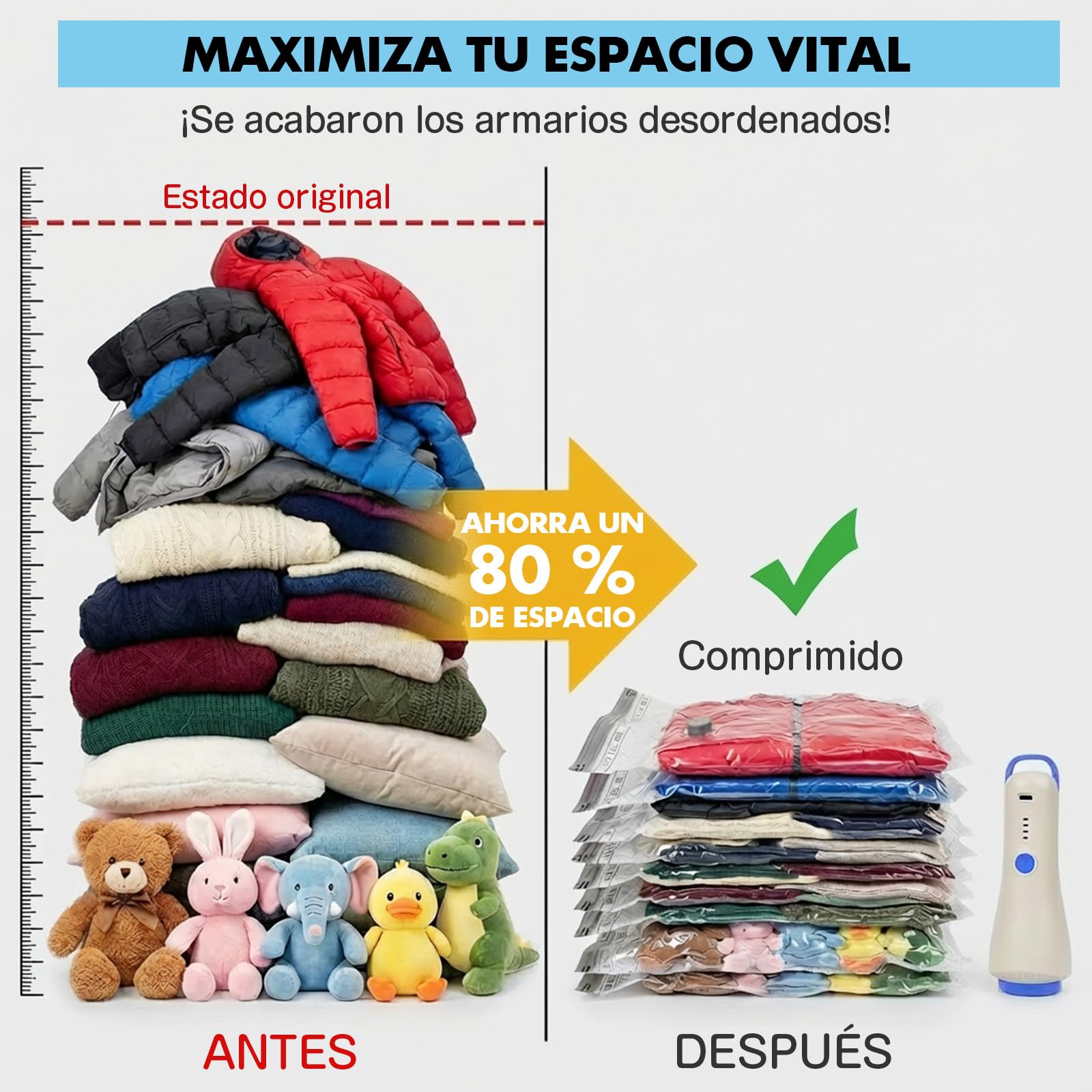Bolsas Vacío Ropa con Bomba de Vacío Inalámbrica, Set 20 | 3 tamaños: 50 × 40, 60 × 40 y 60 × 50 cm, hasta un 80 % de ahorro de espacio para viajes, maletas, armarios y ropa de cama