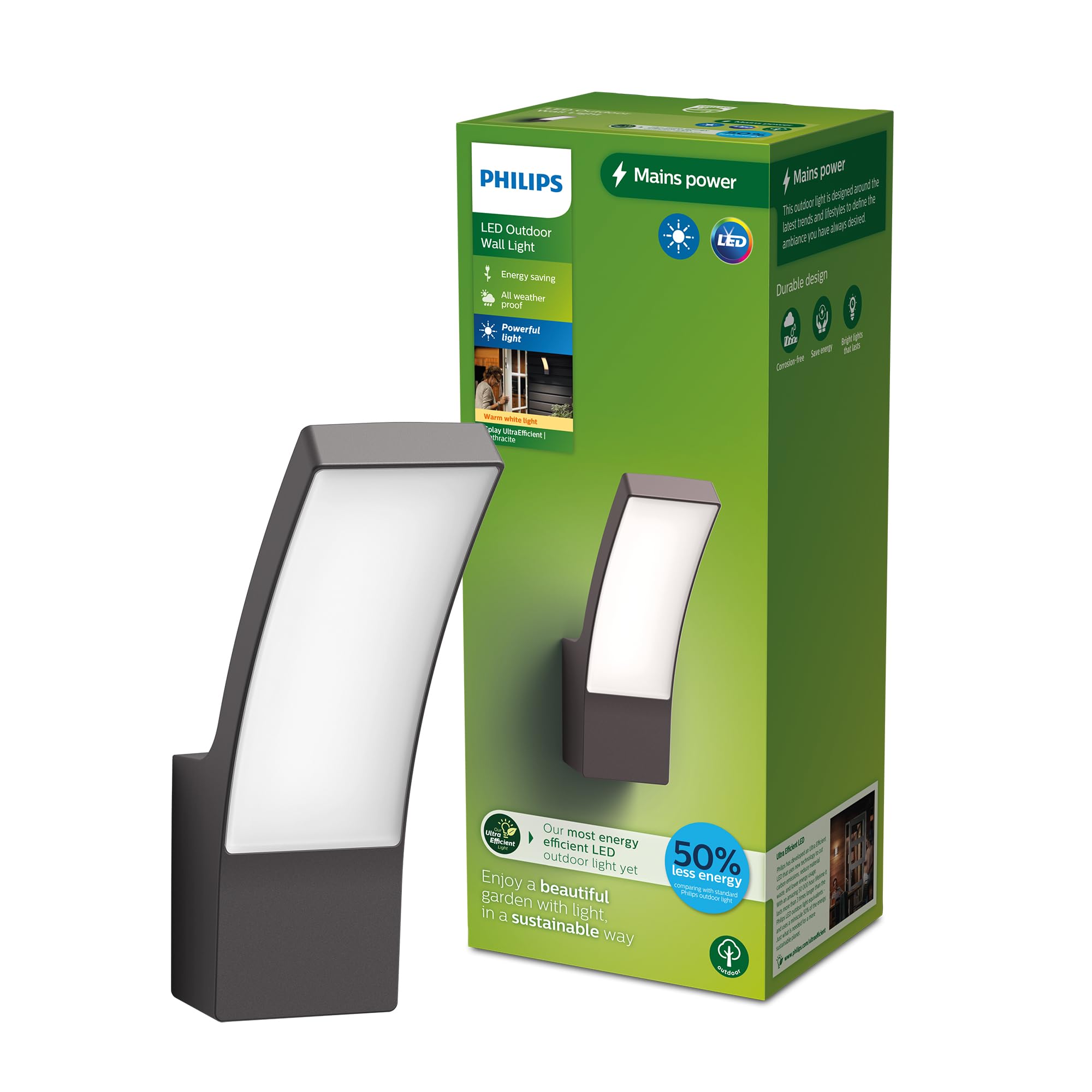 Philips Lighting Splay UltraEfficient Outdoor Wall Light, 3.8W, 2700K, Antracite, IP44 Weatherproof