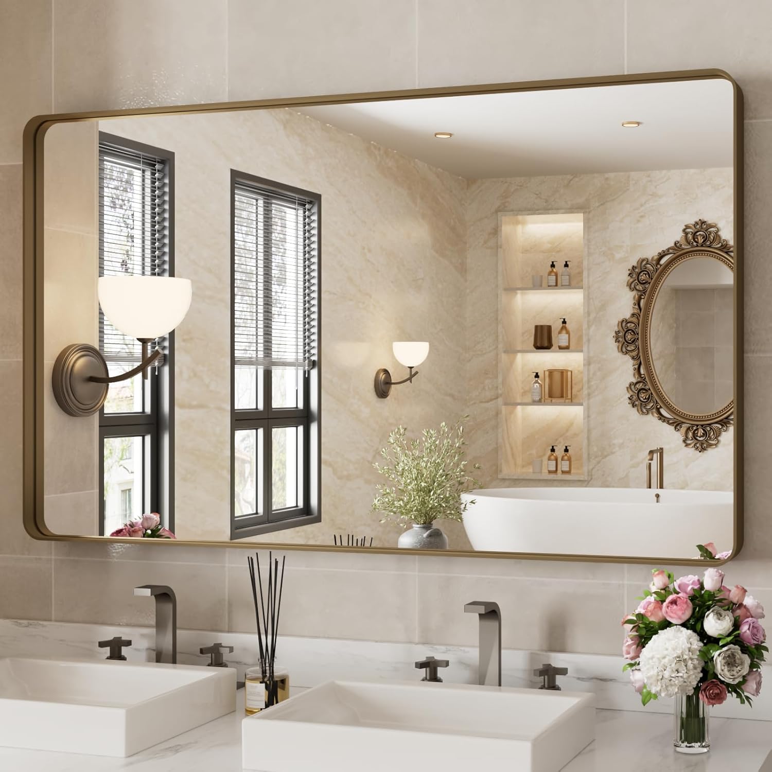 WEER 50x30 Inch Bronze Bathroom for Wall, Farmhouse Oil Rubbed Bronze Mirror, Rectangle Bronze Vanity Mirror with Aluminum Alloy Brushed Metal Frame, Tempered Glass, Anti-Rust (Horizontal/Vertical) Bronze 50"x30"