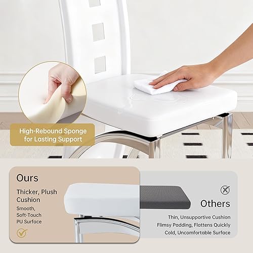 Miniatura 6 de Juego de 4 sillas de comedor blancas, modernas sillas de comedor tapizadas de piel sintética con patas de metal plateado, respaldo alto sin brazos
