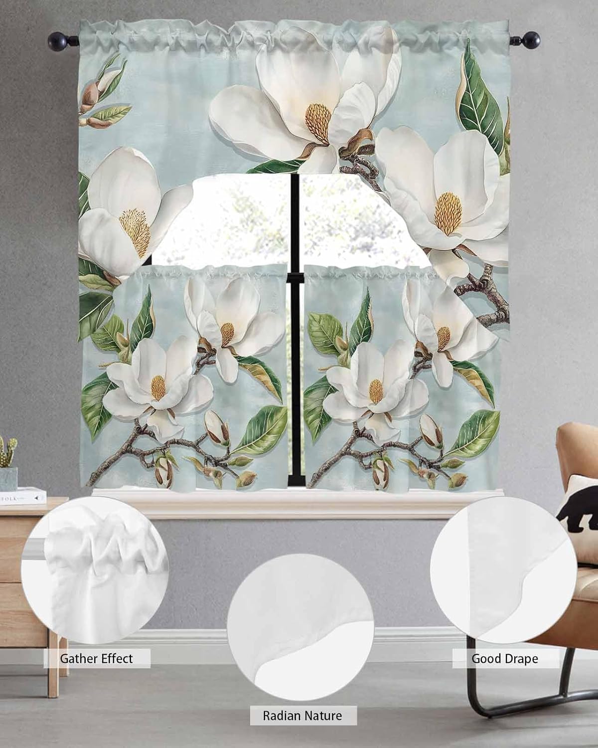 Retro White Flowers Swag Kitchen Curtain Sets with Valance,3 Pieces Rod Pocket Curtain Drapes for Bedroom Bathroom Cafe Windows,Country French Chic Florals Watercolor 56''x36''&24''x27.5''x2Panels
