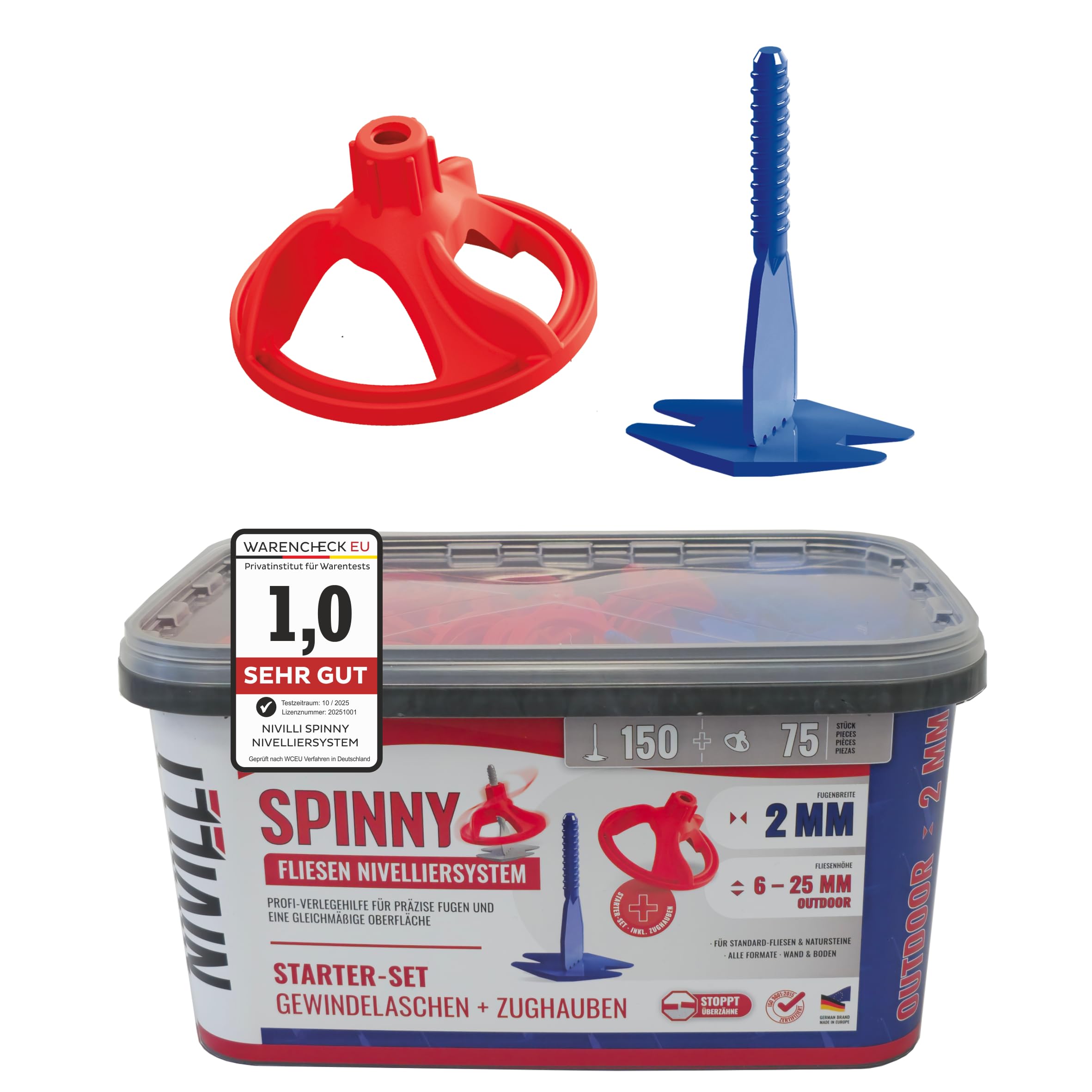 Nivilli SPINNY PRO Starter Set 2 mm 150 Tabs + 75 Pull Hoods Professional Levelling System Tiles & Natural Stone Laying Aid Pull Hood + Thread Tabs Starter Set 2 mm Material Thickness 6-25 mm — image 1