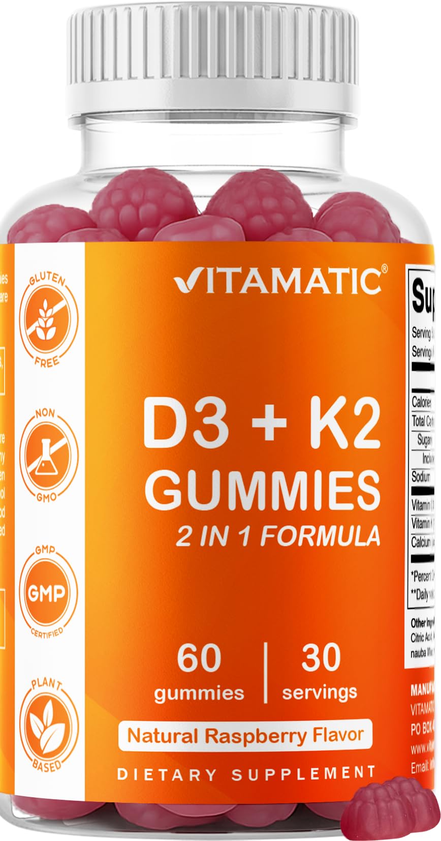 Vitamatic Vitamin D3 + K2 Gummies – 60 Count | Supports Bone, Heart & Immune Health – Promotes Calcium Absorption – Plant-Based, Non-GMO, Gluten-Free
