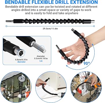 32pcs Flexible Drill Bit Extension Set, Rotatable Joint Socket 1/4 3/8 1/2 Inch Hex Socket Adapter, 105Right Angle Drill Attachmen, Bendable Screwdriver Kit with a Box (Black)