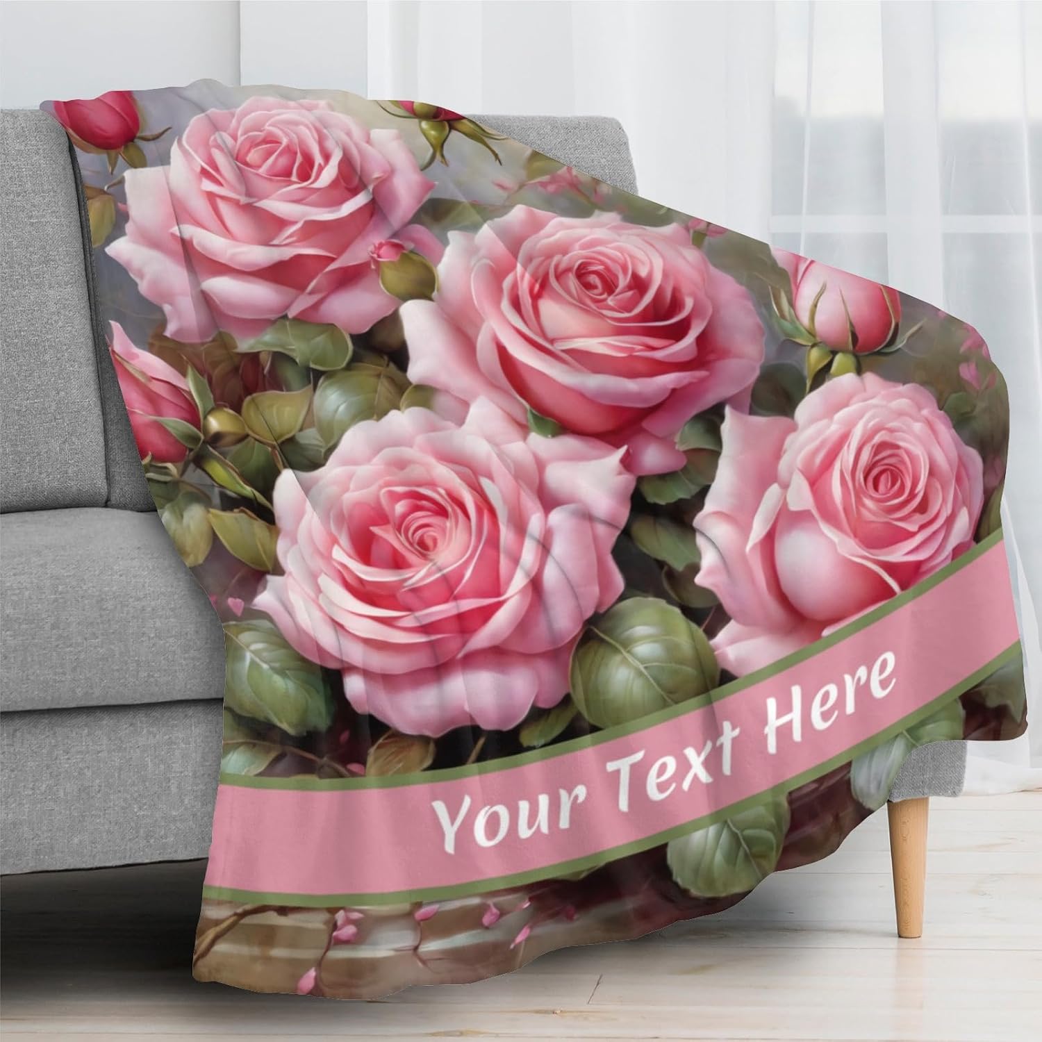 Customized Pink Rose Blanket, Ultra Soft Micro Flannel Blanket for Bed Couch Living Room(Adult), 60 x 80 Inches