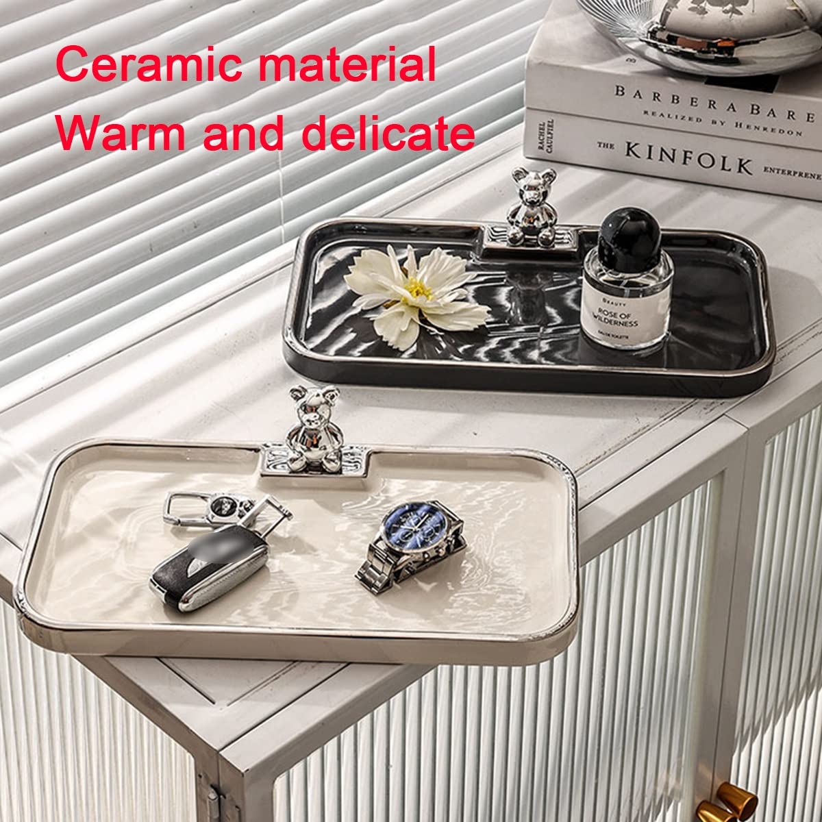 LEIYTFE Vaciabolsillos Recibidor Organizador De Bandejas Decorativas De Cerámica, Bandeja Decorativa para Platos con Abalorios para Llaves Regalos para Mujeres, Plato De Joyería De Cerámica