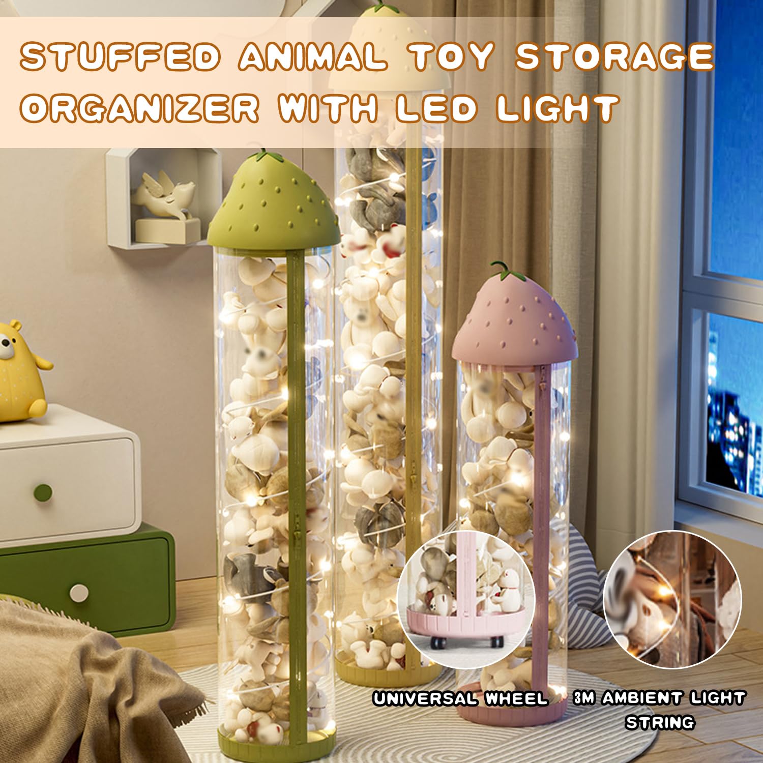 Caja de Juguetes Grande con Ruedas, Tubo Transparente para Guardar Animales de Peluche con luz LED, baúl de Juguetes para el zoológico, Organizador de Juguetes para niños, Amarillo