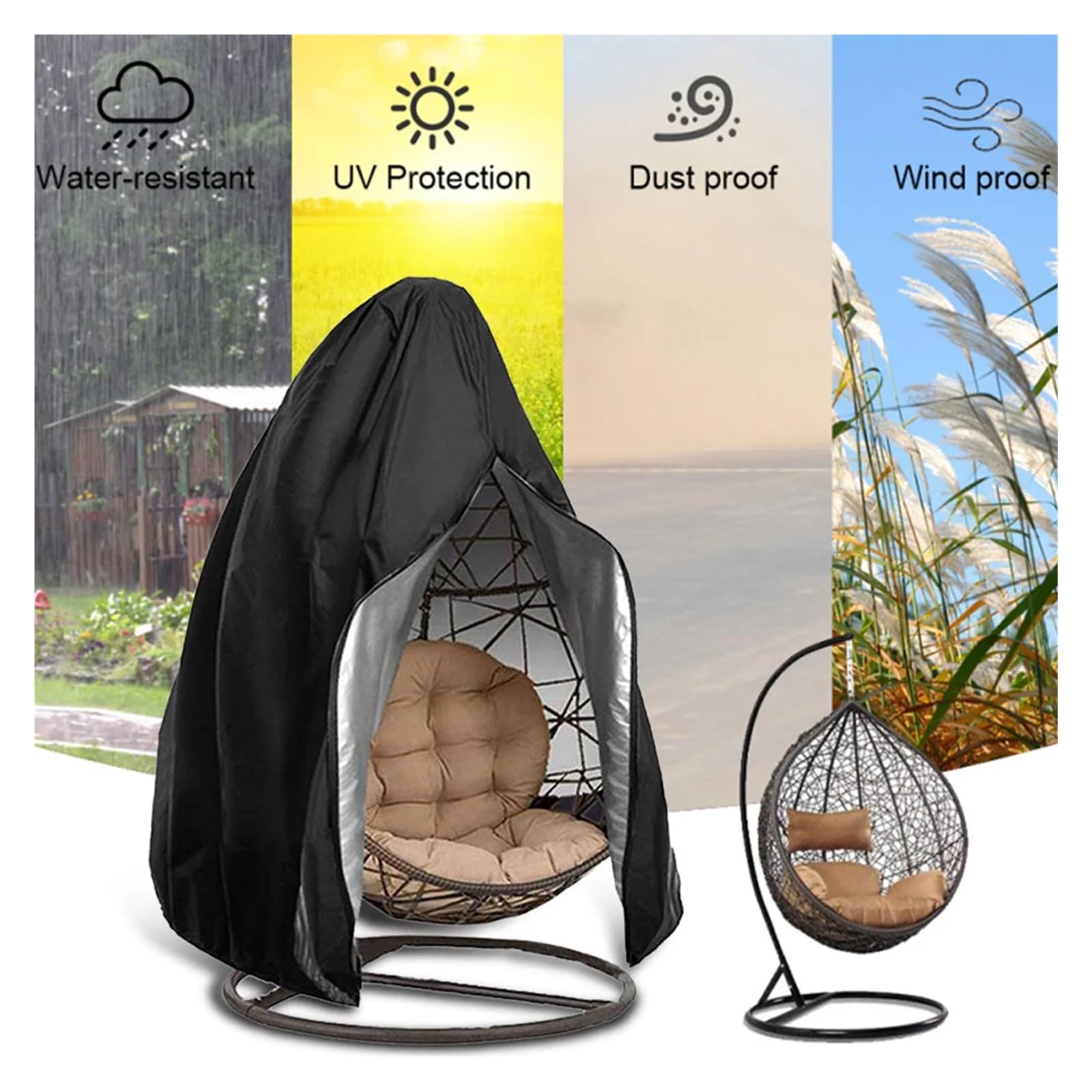 Housse pour Fauteuil « Egg » de Jardin, Housse de Chaise Oeuf Suspendue Noir 115x190cm