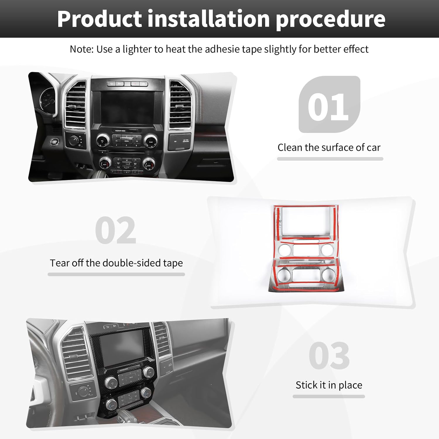 CheroCar Black Carbon Fiber Central Control Navigation & Emergency Light Control Panel Trim Cover Kit Fit for Ford F150 2015-2020 Hazard Light Switch & GPS Screen Surround Decorative Bezels