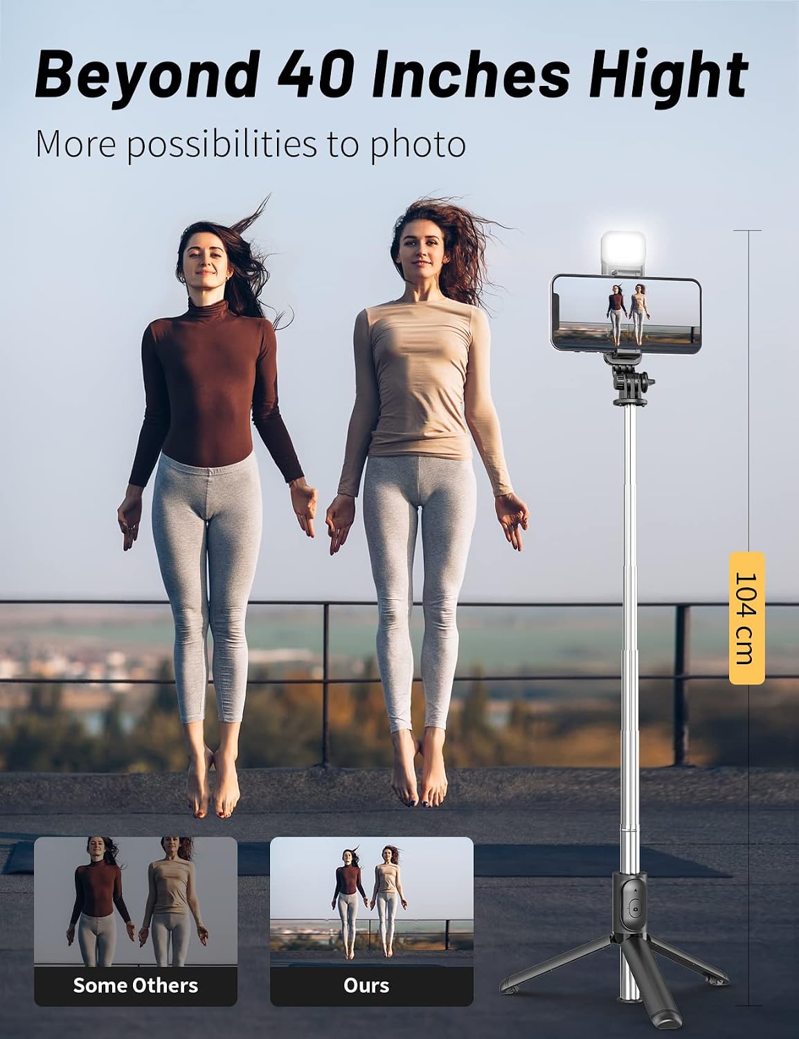 Selfie Stick with Fill Light, 40'' in Length Extendable Phone Tripod Stand with Remote Shutter Compatible with Gopro, iPhone/Samsung/Sony/Google
