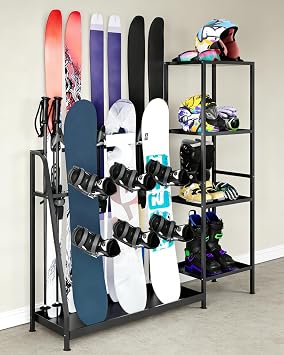 GlowSol Freestanding Ski and Snowboard Rack for Garage, Heavy Duty Steel Ski Storage Organizer Stand, No Drilling Required, Snowboard Holder for Poles Helmets Boots, Black, 48"x12"x46"