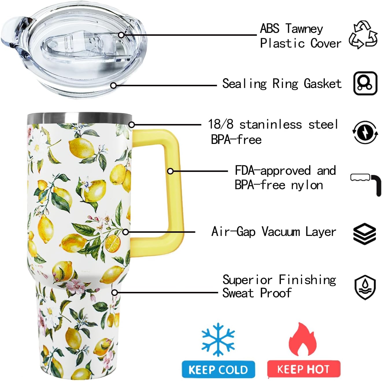 Ceovfoi 40 oz Lemon Print Stainless Steel Tumbler With Lid and Straw - Yellow Coffee Travel Mug Cup Water Bottle - Gifts for Lemon Lovers - Image 5