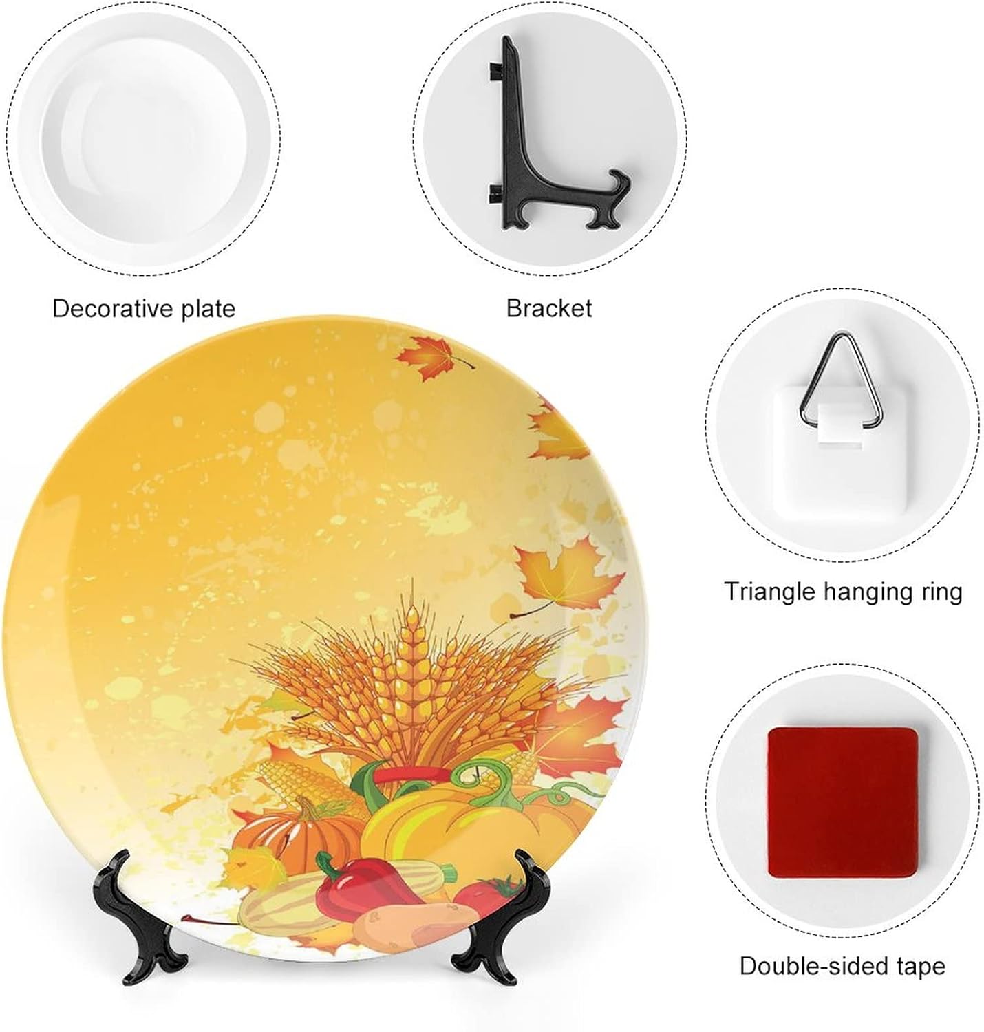 XISUNYA 8 Inch Decorative Plate, Harvest Ceramic Plate, Festive Vegetables Plump Pumpkins Wheat Fall Leaves Print Ceramic Wall Hanging for Home & Office Wall Hanging Decor