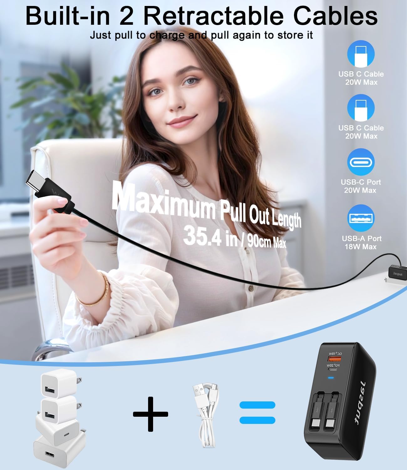 4 in 1 retractable wall charger with dual cables,40w retractable phone charger wall plug with dual usb ports,20w usb c chargers block fast charging for iphone 17 16 15 14 13,lg, galaxy s24 23,pixel dual type-c cables black