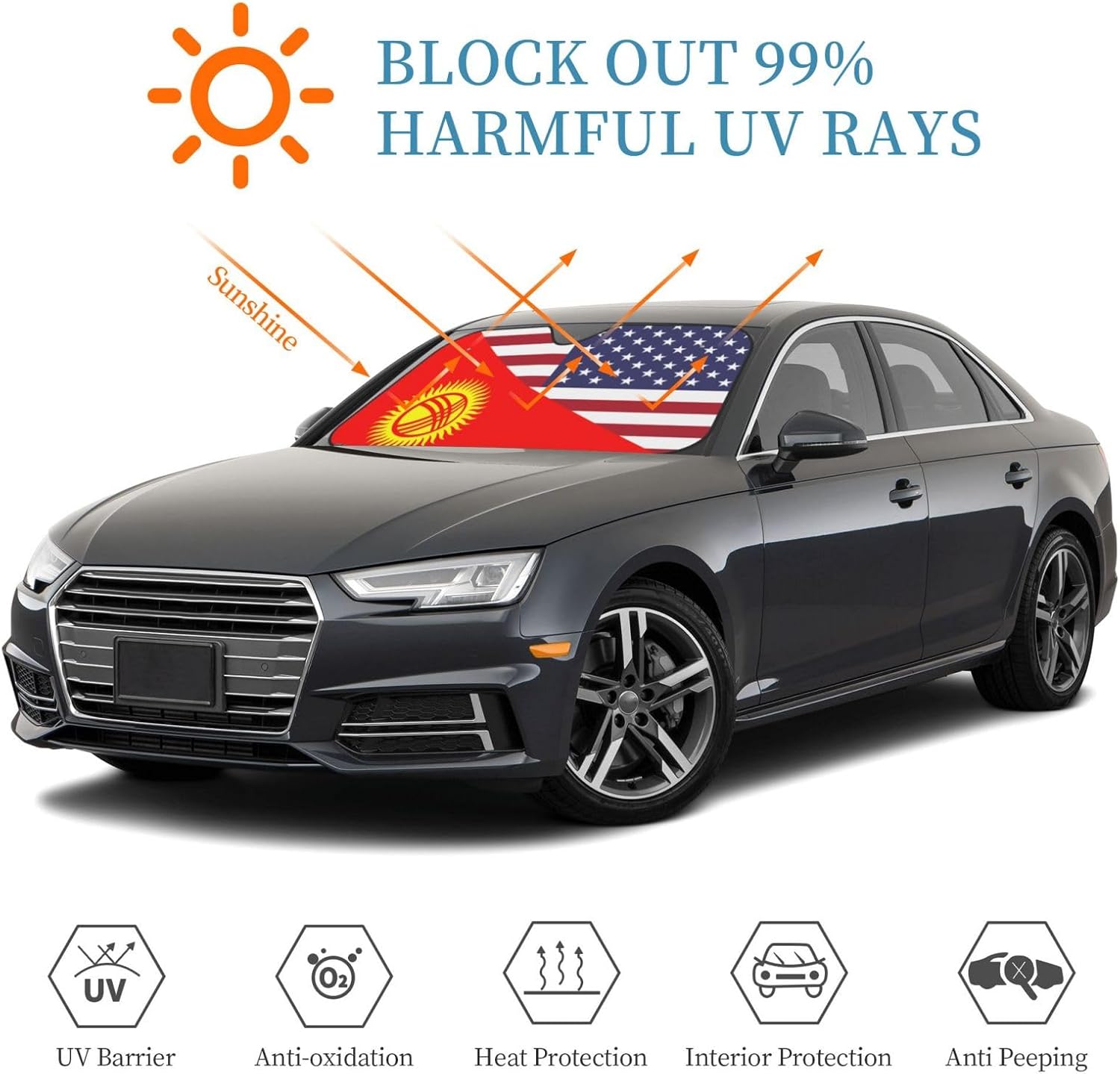 America Kyrgyzstan Friendship Flag Foldable Car Windshield Sunshade Blocks Heat and Sun Glare Uv Rays