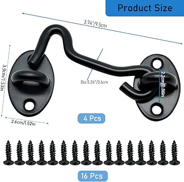 4-Pack 3Inch Door Lock Gate Latch Premium Stainless Steel Hook and Eye Gate Latch Cabin Hook with 16pcs Screws, Black