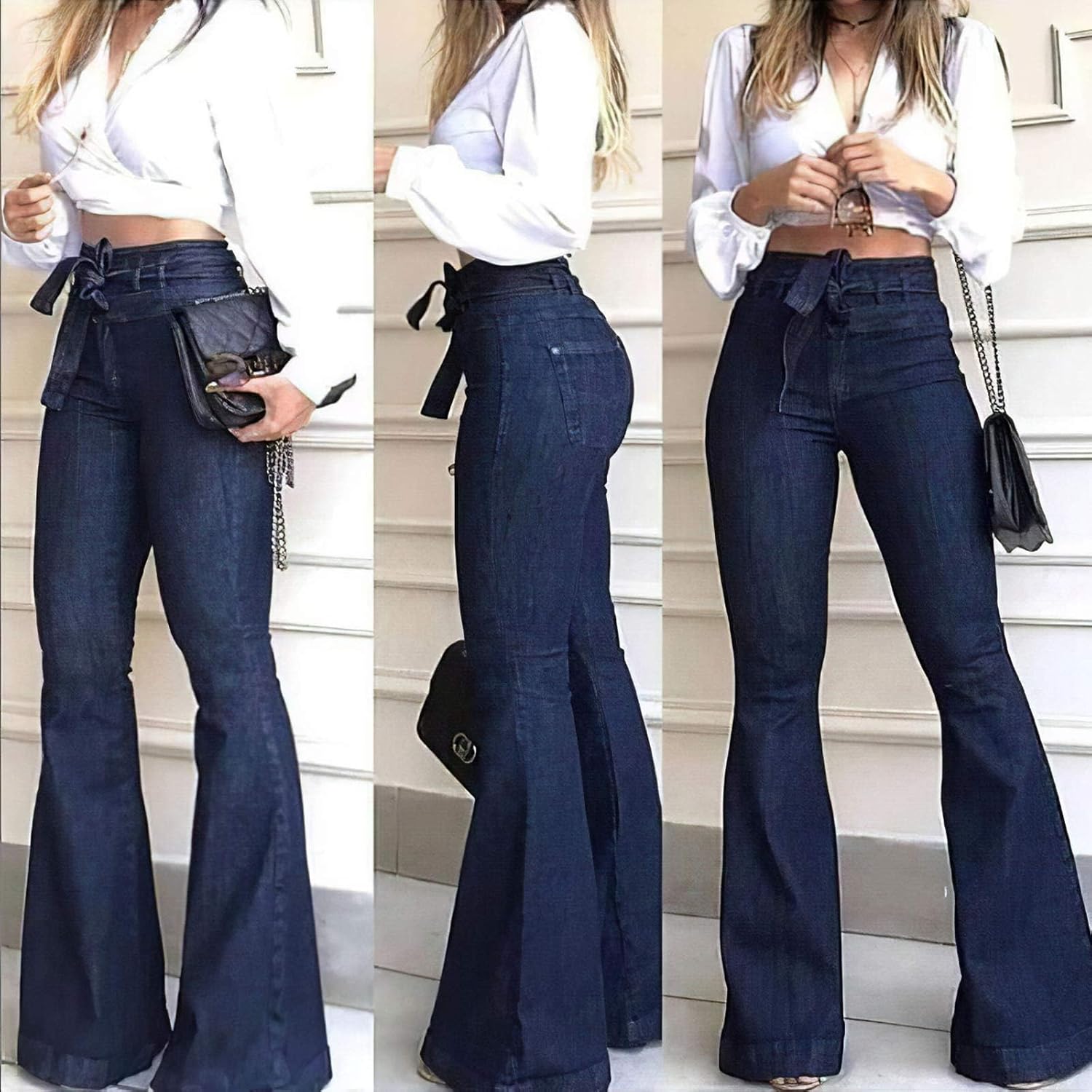 Pantete Womens High Waisted Bell Bottom Jeans Denim High Rise Flare Jean Pants with Wide Leg and Belt - Image 5