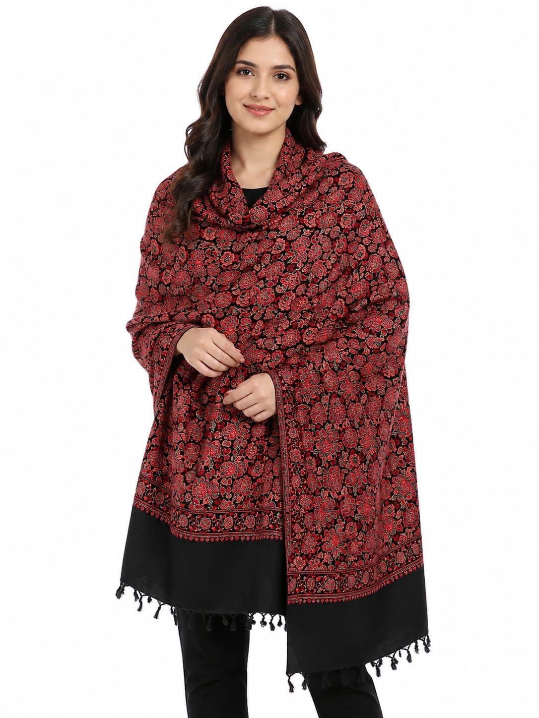 Women's Kashmiri Floral Wool Shawl Wrap, Black & Red-picture-17