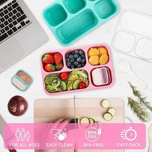 Miniatura 5 de Lunbxx Contenedores de aperitivos para adultos, paquete de 4 loncheras Bento para adultos y niños, 5 compartimentos para adultos con utensilios,