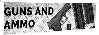Gunns and Ammo Large Banners and Signs for Outdoor by Mavis Printing-Polyester Banner with 4 Holes for Easy Hang Indoor & Outdoor| 4x1 Feet UV & Water Resistant HD Print Sign for Business Promotion|