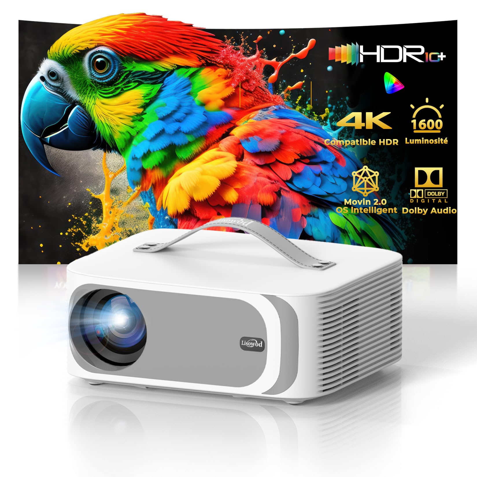 Videoprojektor 4 K 【Integrierte App/Dolby Audio】 1080P Nativer Videoprojektor, WiFi6, Bluetooth Lisowod Retroprojektor, tragbar, für Heimkino (Cremeweiß)