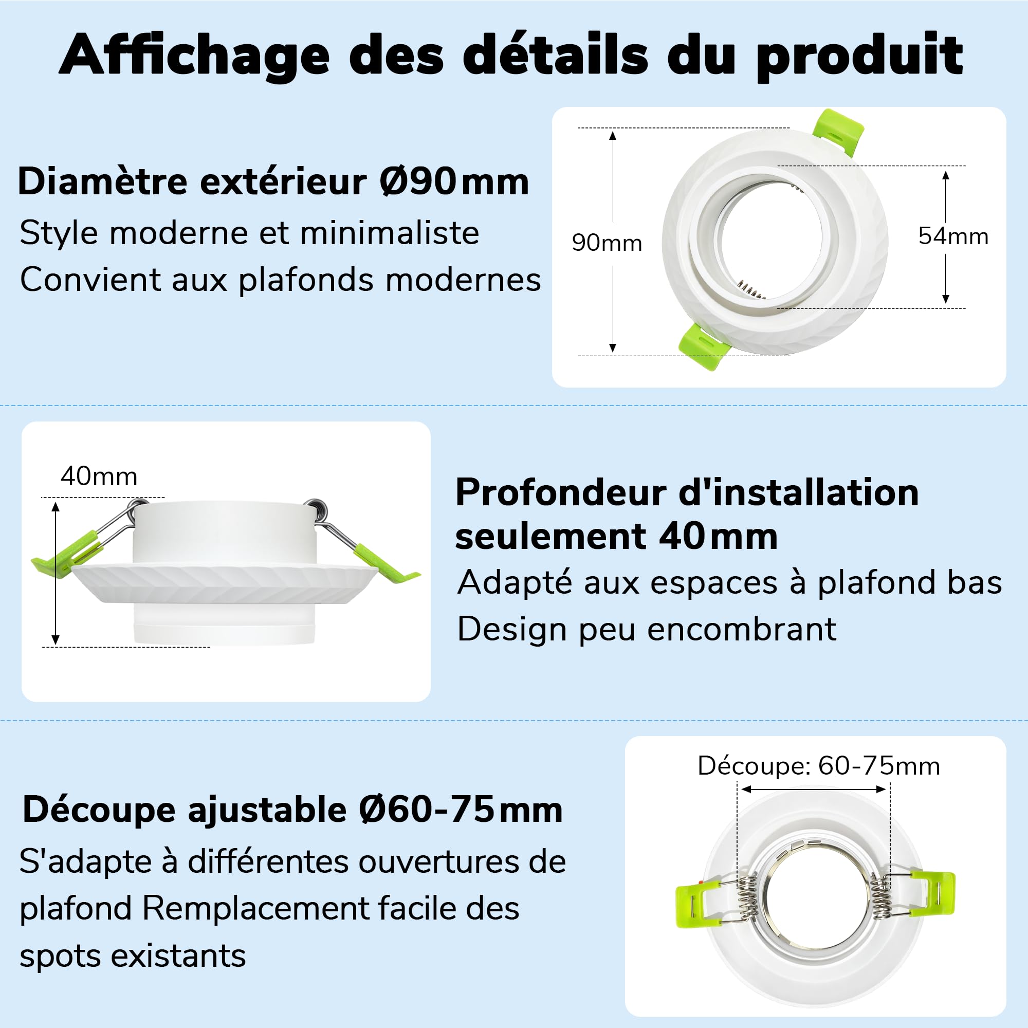 Lot de 12 Spots Encastrables GU10, Cadre en Aluminium avec Douille GU10, Design Chevron & Effet Halo, Anti-Éblouissement, Découpe Plafond Ø60-75mm, Spot Plafond Blanc, Sans Ampoule