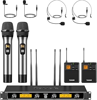 Wireless Microphones System with Metal 2 Cordless Mic and 2 Headset/Lapel/Lavalier Mic, Bodypack Transmitter, Receiver for Karaoke Church Singing Party PA DJ Speaker, 4*10 Channels 295ft Range