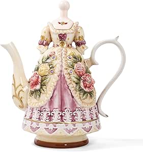 FORLONG Large Ceramic Teapot and Coffee Pot with Lid, 3D Embossed Victoria Pink Rose Flowers Decorative Teapot(Red）