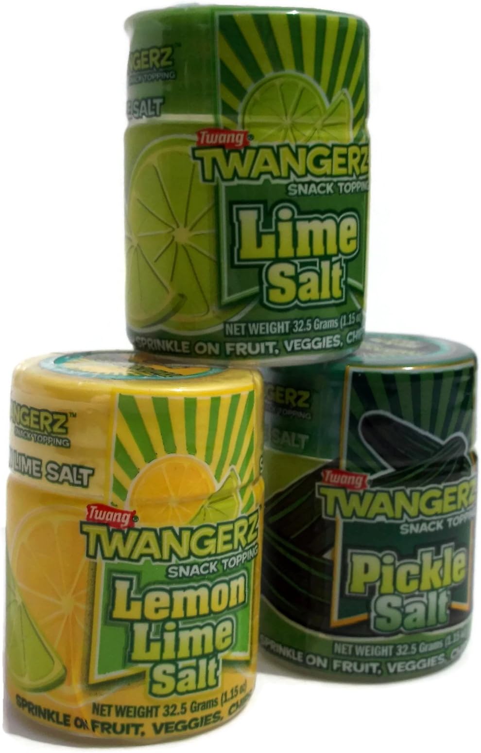 Seasoning Salt Blends for Foods and Snacks By Twangerz - Three Flavors Per Package - Convenient 1.15 Ounces Shakers to Sprinkle on Fruit, Veggies, Chips, Popcorn, Meat and Seafood for a Zesty Treat (Lime-Pickle-Lemon/Lime, 12 Shakers 4 of Each)