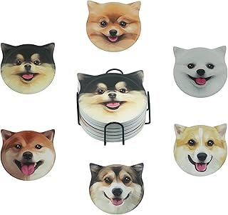 ドリンク用コースター6個セット、かわいいドッグスタイルセラミック吸収ドリンクコースター、卓上保護用ホルダー付き、コーヒーテーブルデコレーション、4インチ