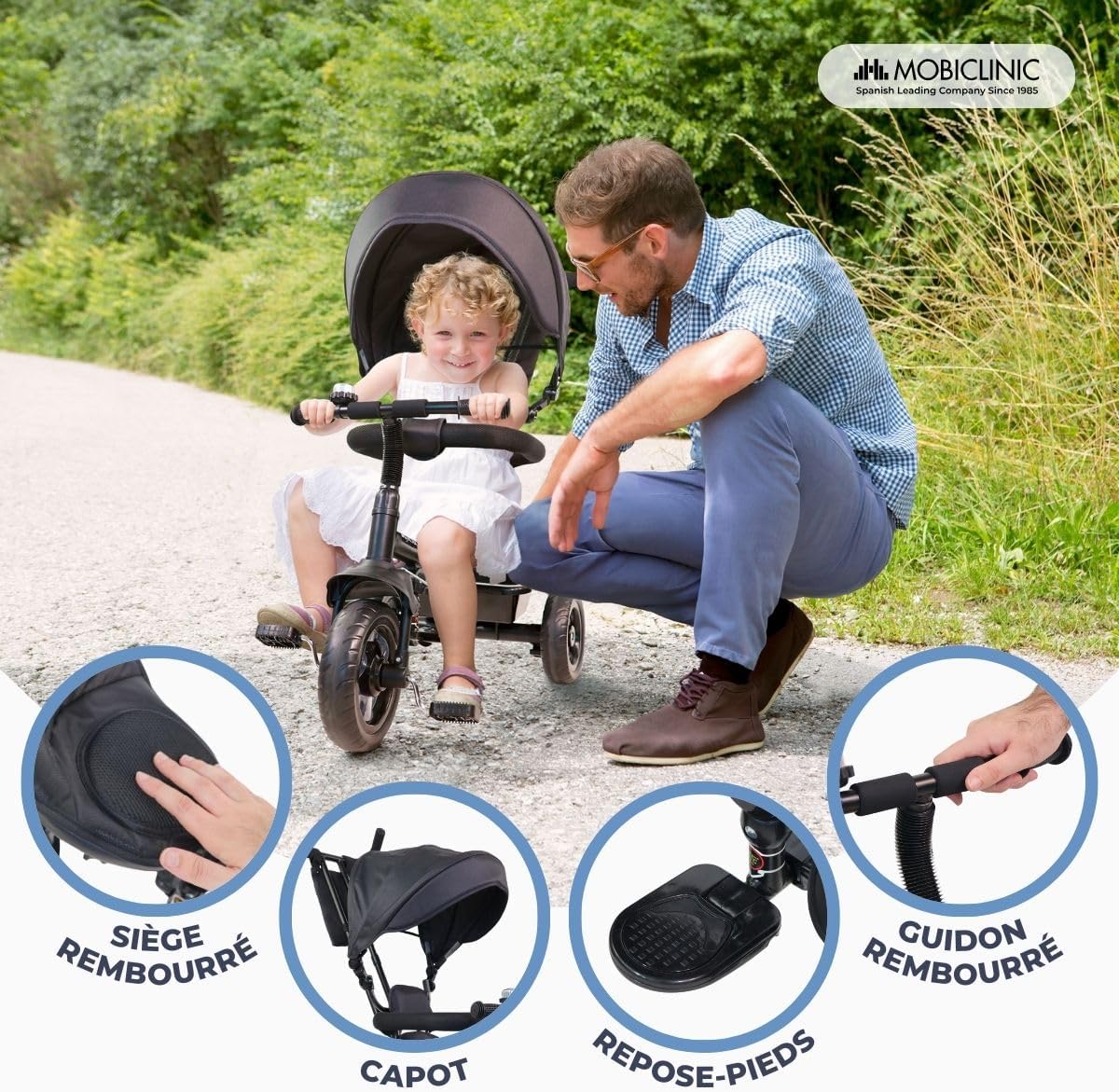 Close-up images highlighting comfort features: padded seat, adjustable canopy, footrests, and padded handlebar.