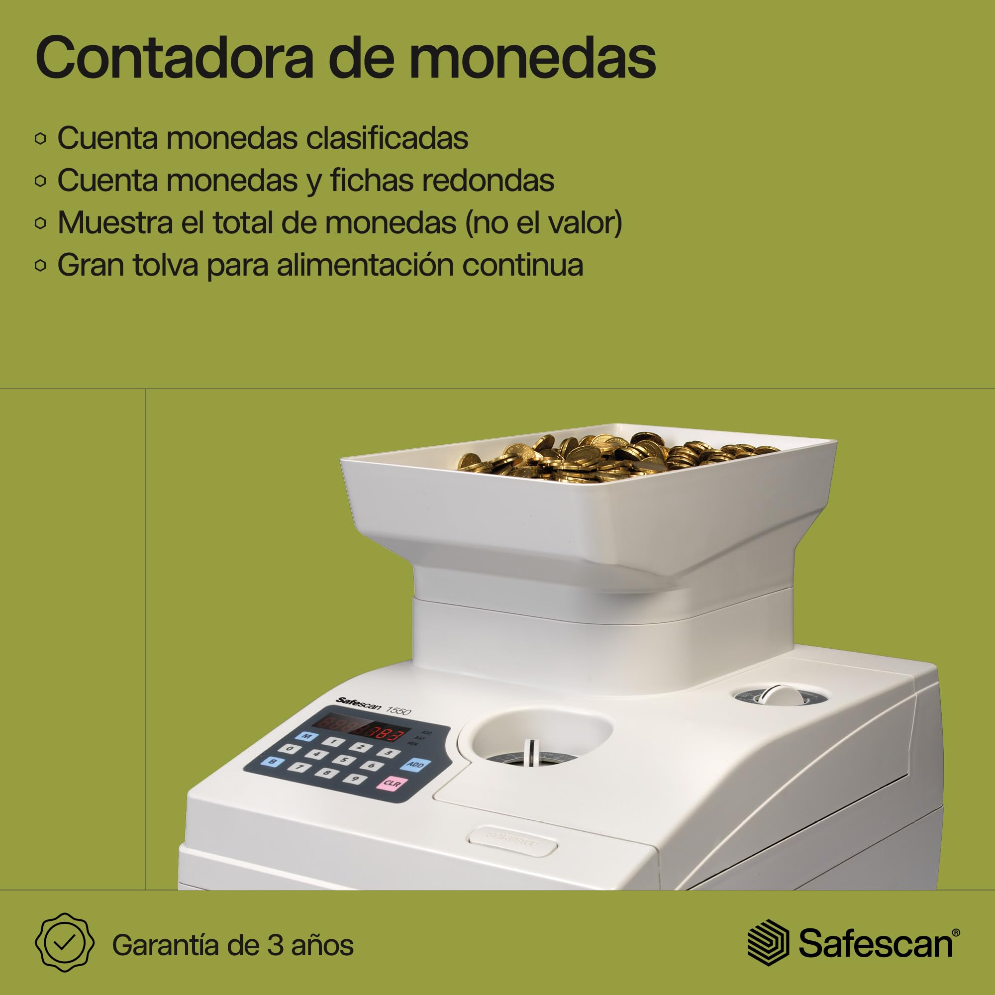 Safescan 1550 Contadora de monedas que cuenta rápidamente monedas separadas - Máquina de contar monedas robusta para volúmenes de monedas - Contadora de fichas redondas clasificadas