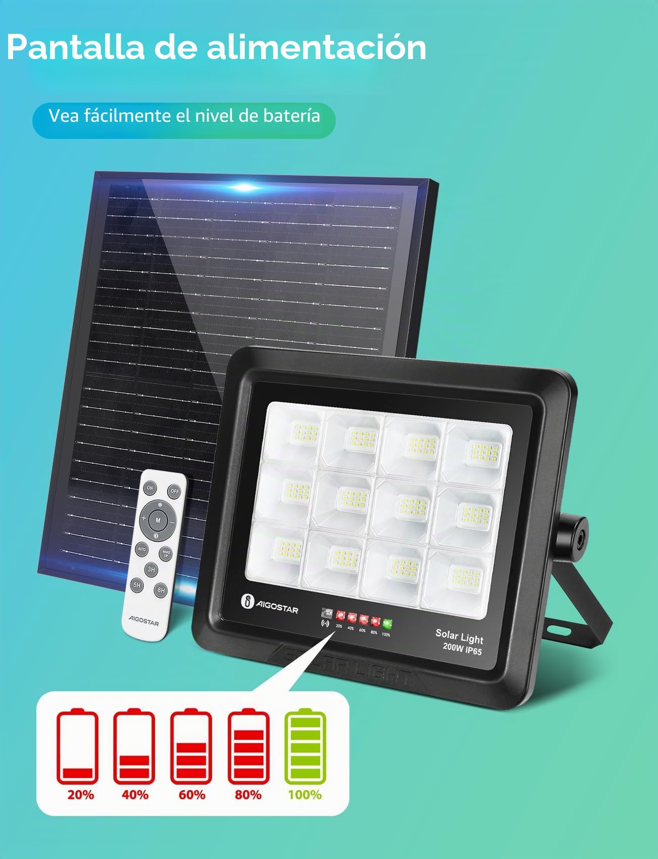 Aigostar Foco Proyector LED Solar con mando a distancia 200w, 6500K.4 pcs | Foco Solar Exterior Impermeable IP65,con Brillo y Sincronización ajustables para Jardín,Garaje