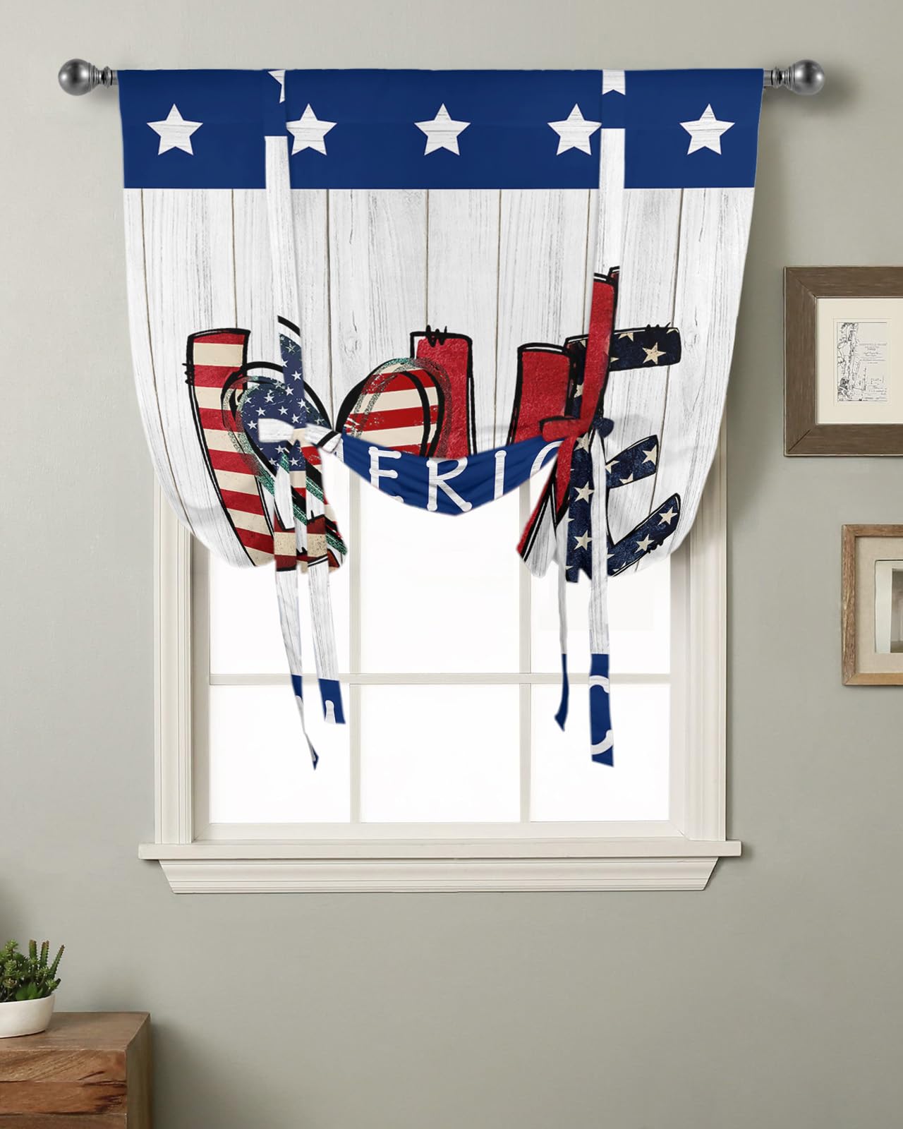 Independence Day Tie Up Curtains for Kitchen Bathroom Bedroom Windows 63 Inch Length, Balloon Drape Curtains Shade Rod Pocket Drapery Curtain Love Memorial Patriotic American Flag 1 Panel, 46