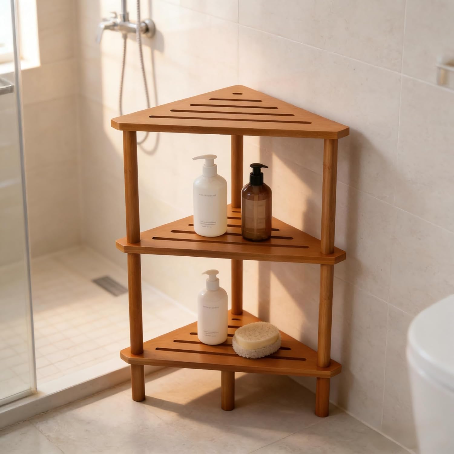 3-Tier Free Standing Corner Shower Caddy, Bamboo Wood Bathroom Shower Shelf for Inside Shower Organizer & Storage Foot Rest Shower Stool