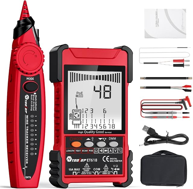 2 in 1 Network Cable Tester & Digital Multimeter, Riiai Ethernet Network Tracker with POE NCV Voltage Continuity Diode Test Temperature Length Measure, Double Flashlight, Audio Tone, for CAT5 CAT6