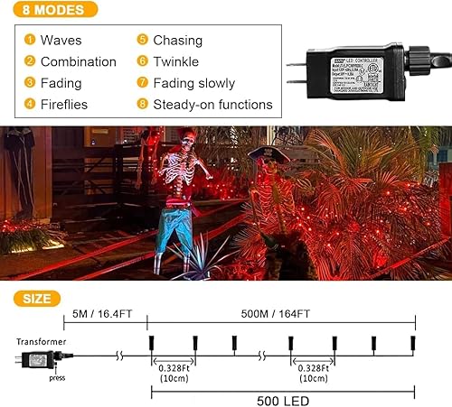 Miniatura 2 de Luces LED de Halloween de 164 pies, 500 luces LED de Halloween, 8 modos, impermeables, enchufables, para Halloween, interiores, exteriores, patio,