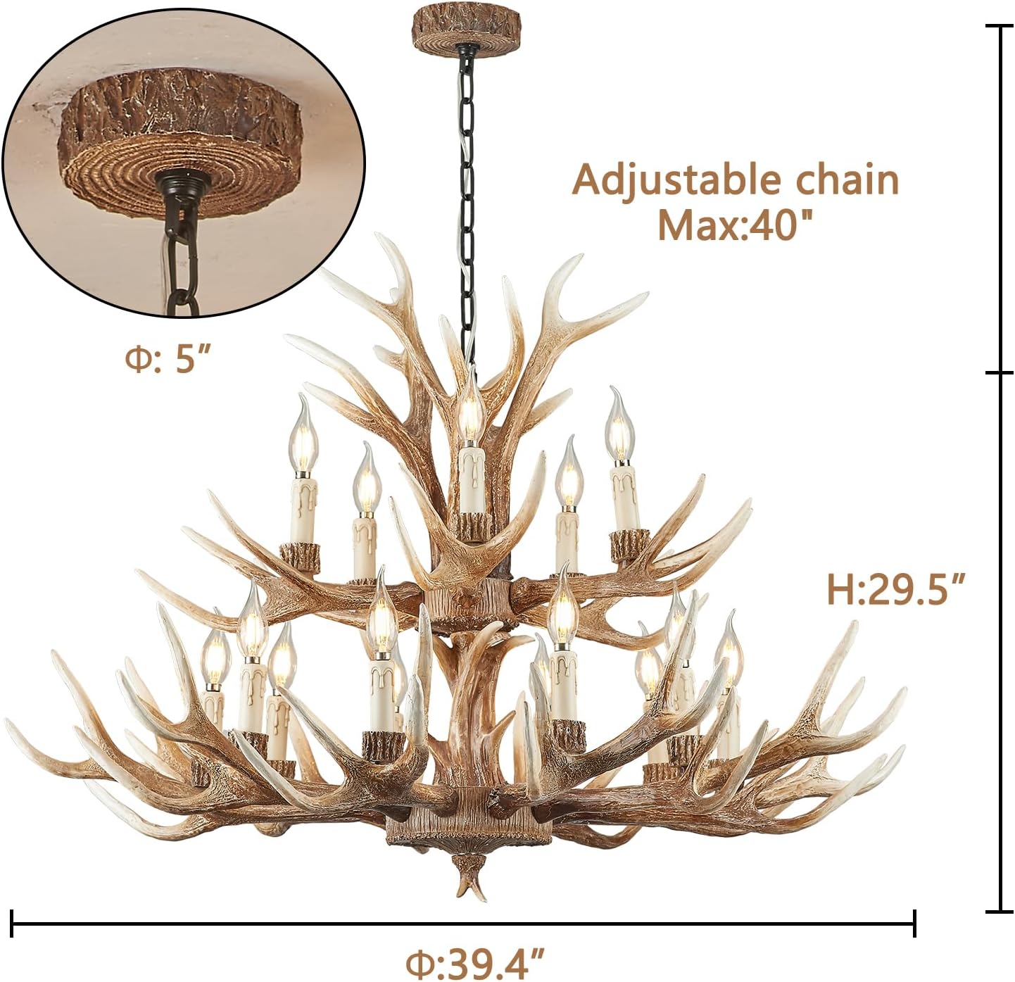 Farmhouse Deer Chandelier Double Layer 10+5 Light Brown Antler Chandelier Lighting, Vintage Rustic Antler Lamps Rustic Art Deco Style Living Room Dining Room (10+5 Light Arms + 3 Arms)
