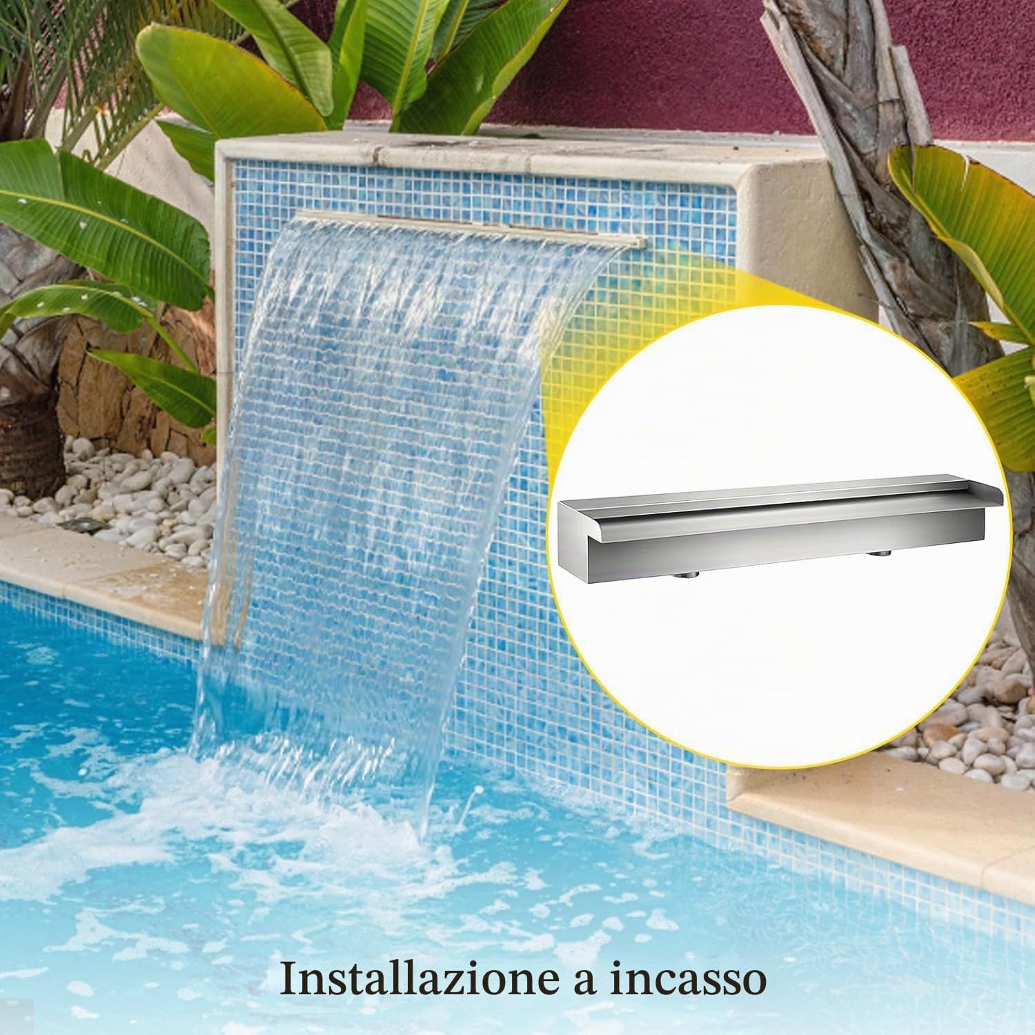Cascata Piscina Laghetto,Lame Per Fontana Da Giardino Esterno In Acciaio Inossidabile Con Accessori,Fontana Per Piscina Decorazione Laghetto Da Giardino Patio,Per Pareti,Bordi Piscina,60 x 11.5 x 8 Cm