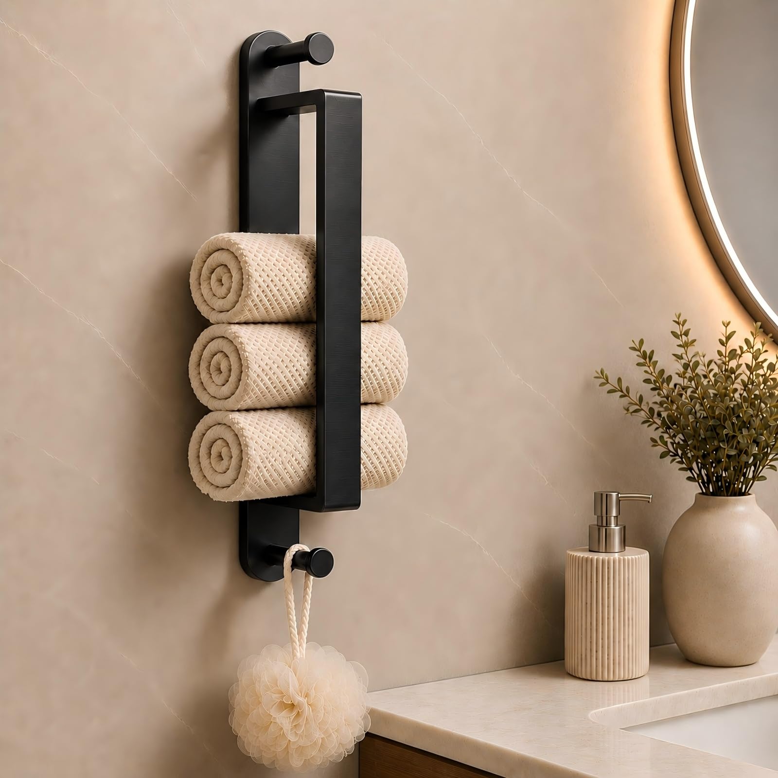 Alyvisun Self Adhesive Towel Rail 45CM / 17.72 inches, 304 Stainless Steel Towel Holder with Double Hooks, Multi-Function for Bathroom and Kitchen, Matte Black