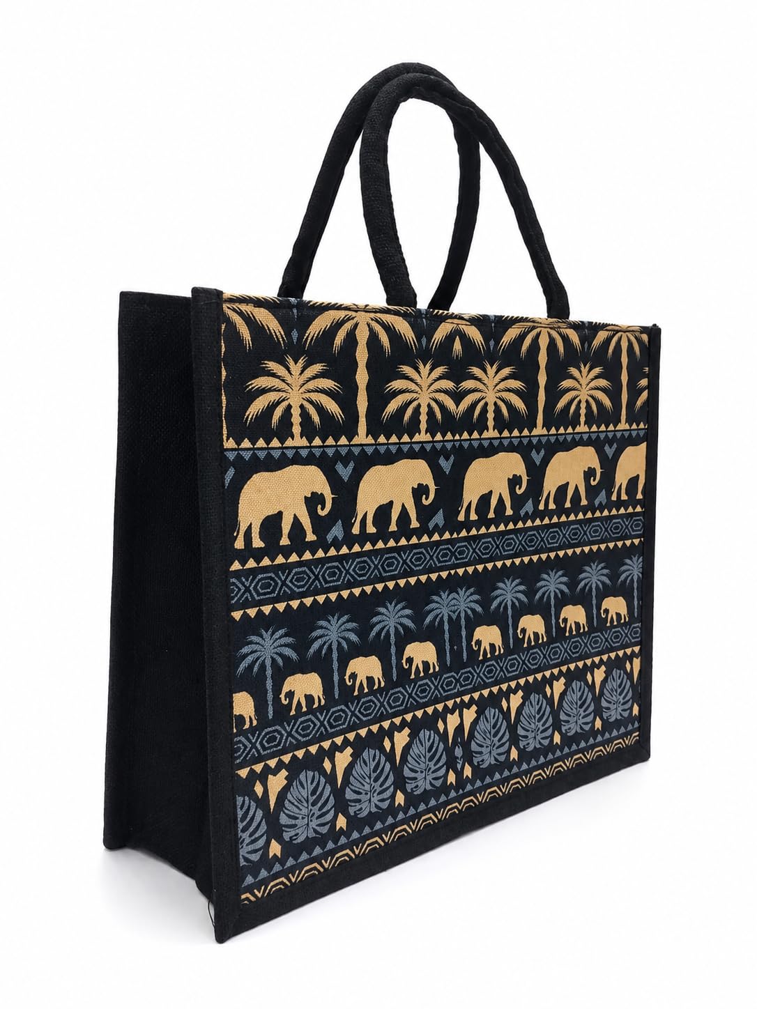 Jute Tote Bag, Black with Elephant and Palm Tree Print-image-8