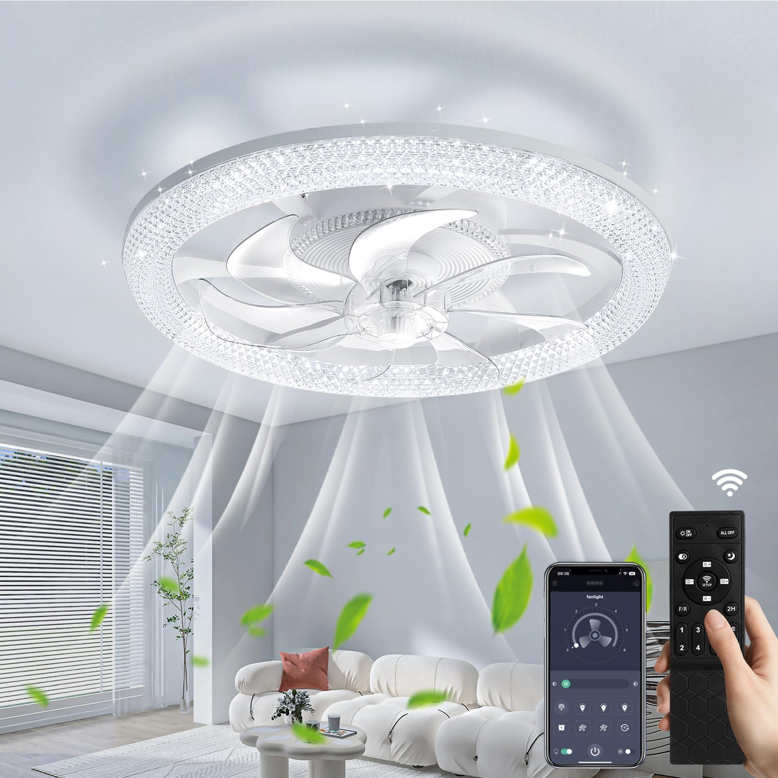 uifame Ceiling Fan with Lights and Remote Control, 3000K 4500K 6500K Dimmable, LED Ceiling Fan Light with Diamond Lampshade, 6 Speeds Adjustment, Low Noise for Bedroom Living Room โ image 1