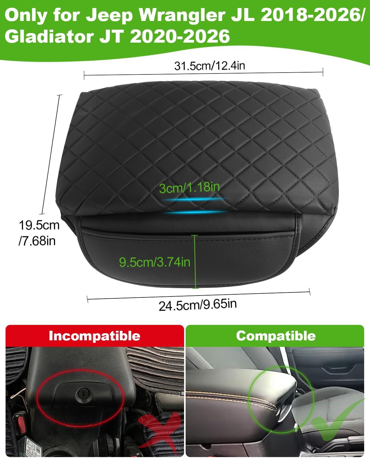for Jeep Wrangler JL 2026 2025-2018 Center Console Cover for Jeep Gladiator JT 2026 2025-2020 Armrest Cover Jeep Accessories Arm Rest Pad Console Cushion Lid Black Leather with Pockets