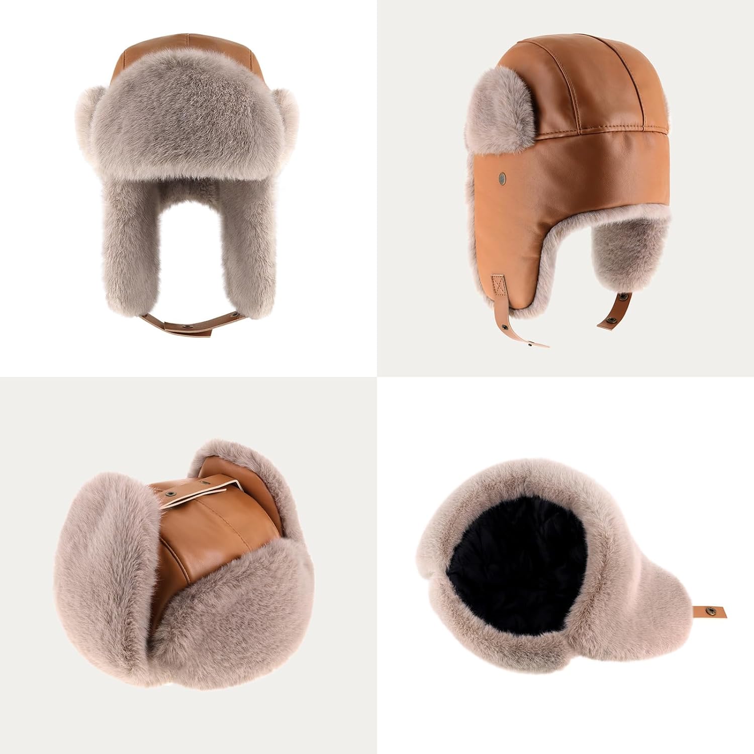 PU Leather Trapper Hat with Faux Fur Lining Warm Aviator Hat - Durable Stylish Winter Headwear for Skiing Hunting - Image 2