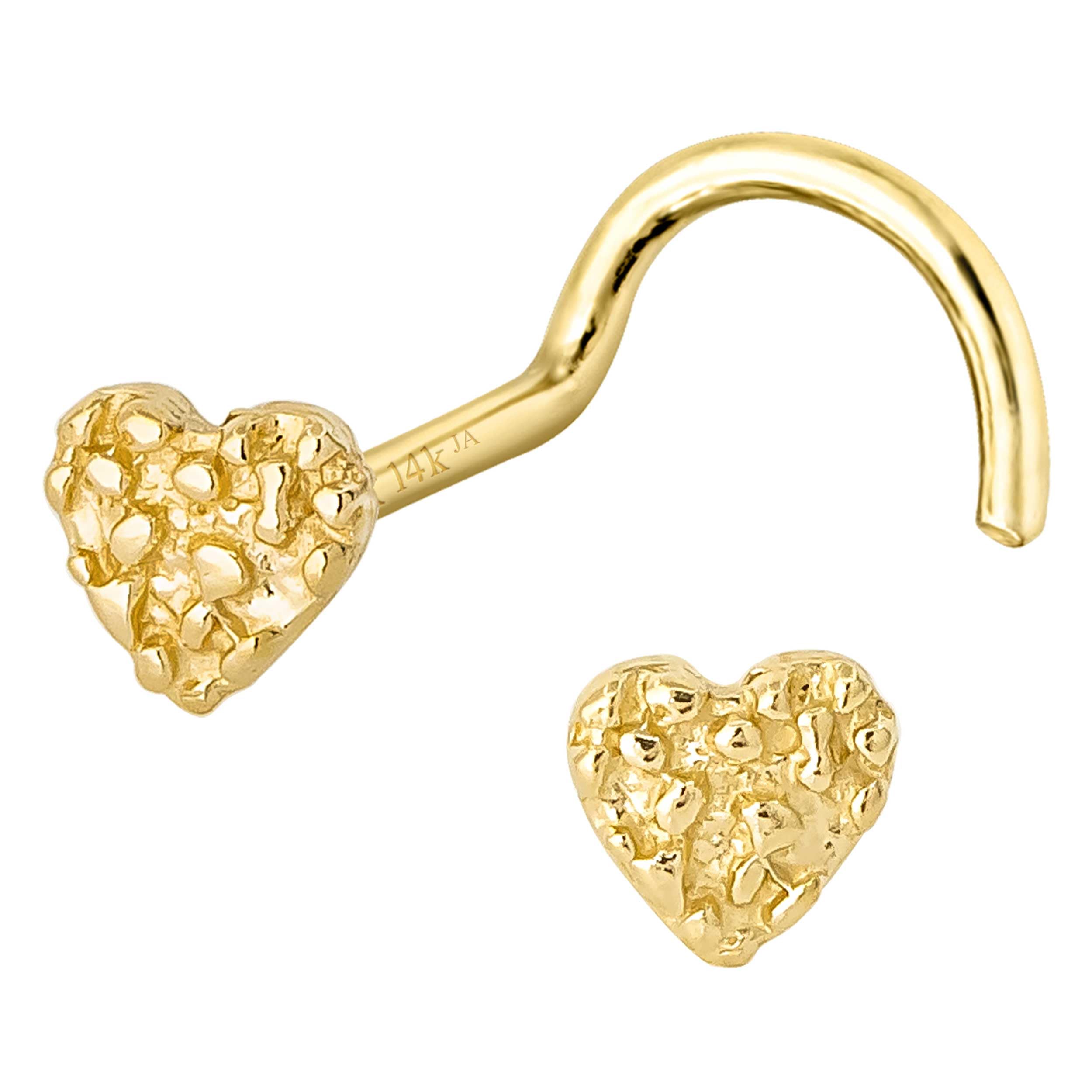 Jewelry Avalanche Solid 14K Yellow Gold Nugget Heart Nose Stud, Heart Shape Nose Ring 22G L-Bend, Ball-end, Nose Screw Stud, Unisex Nose Ring