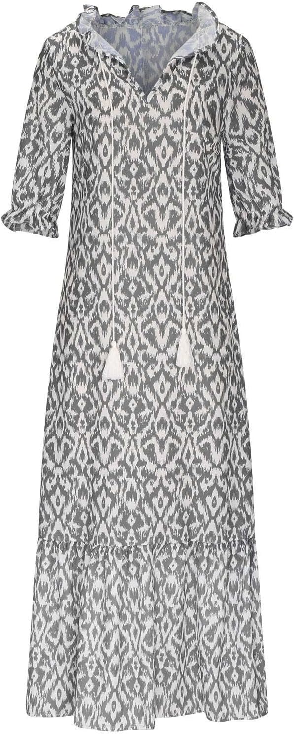 Summer Dresses Women 2024 Casual Bohemian Loose Fit V-Neck Half Sleeve Geometric Maxi Long Dress Tiered Sundress - Image 5